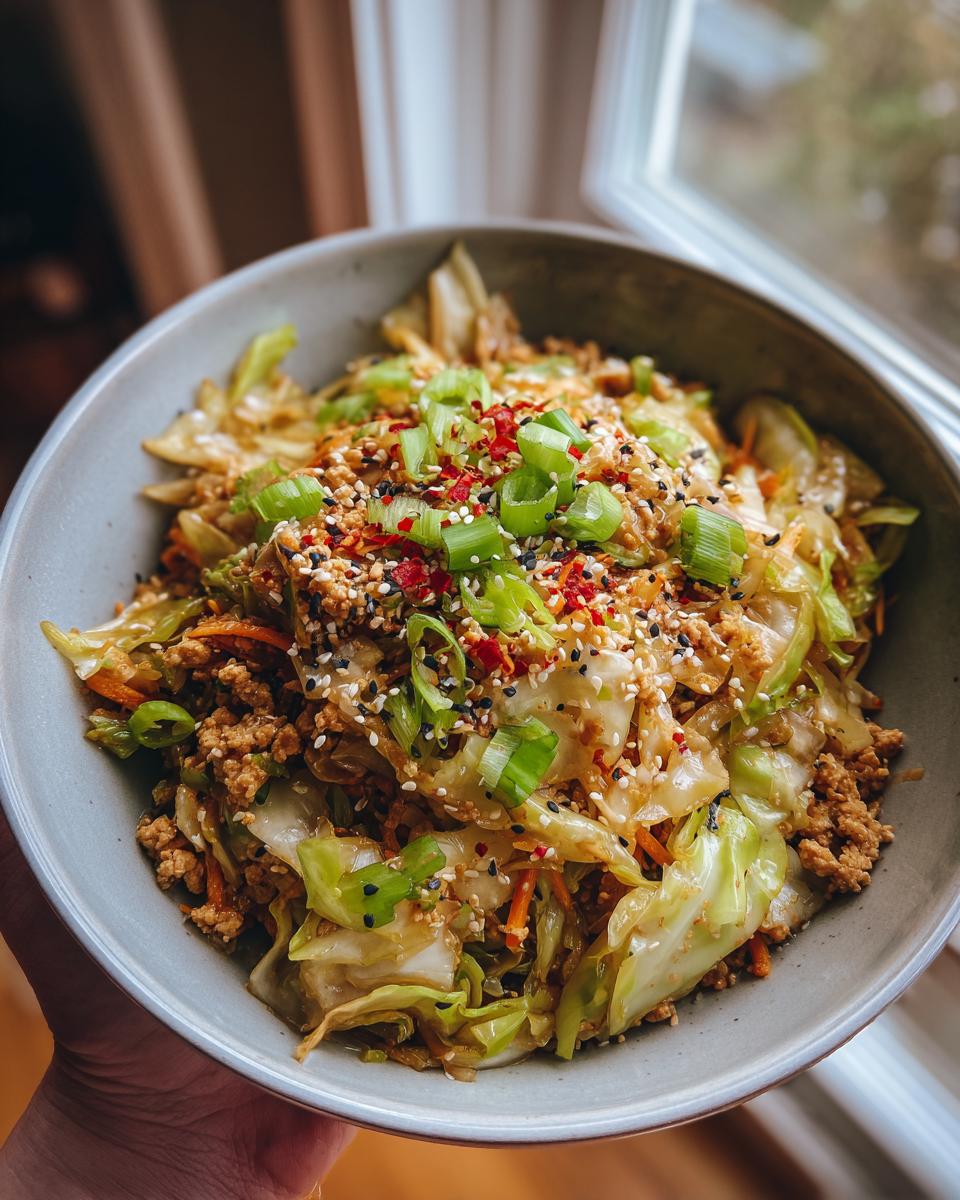 A close-up of a bowl of Egg Roll in a Bowl Recipe, topped with green onions, sesame seeds, and chili flakes.