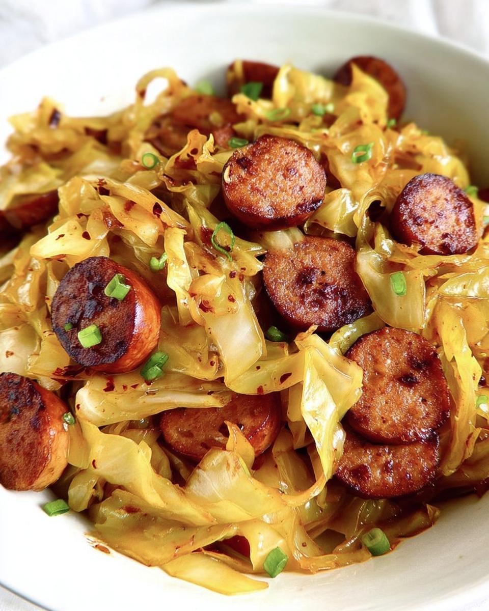 Close-up of a bowl filled with savory fried cabbage and sausage slices, garnished with green onions.