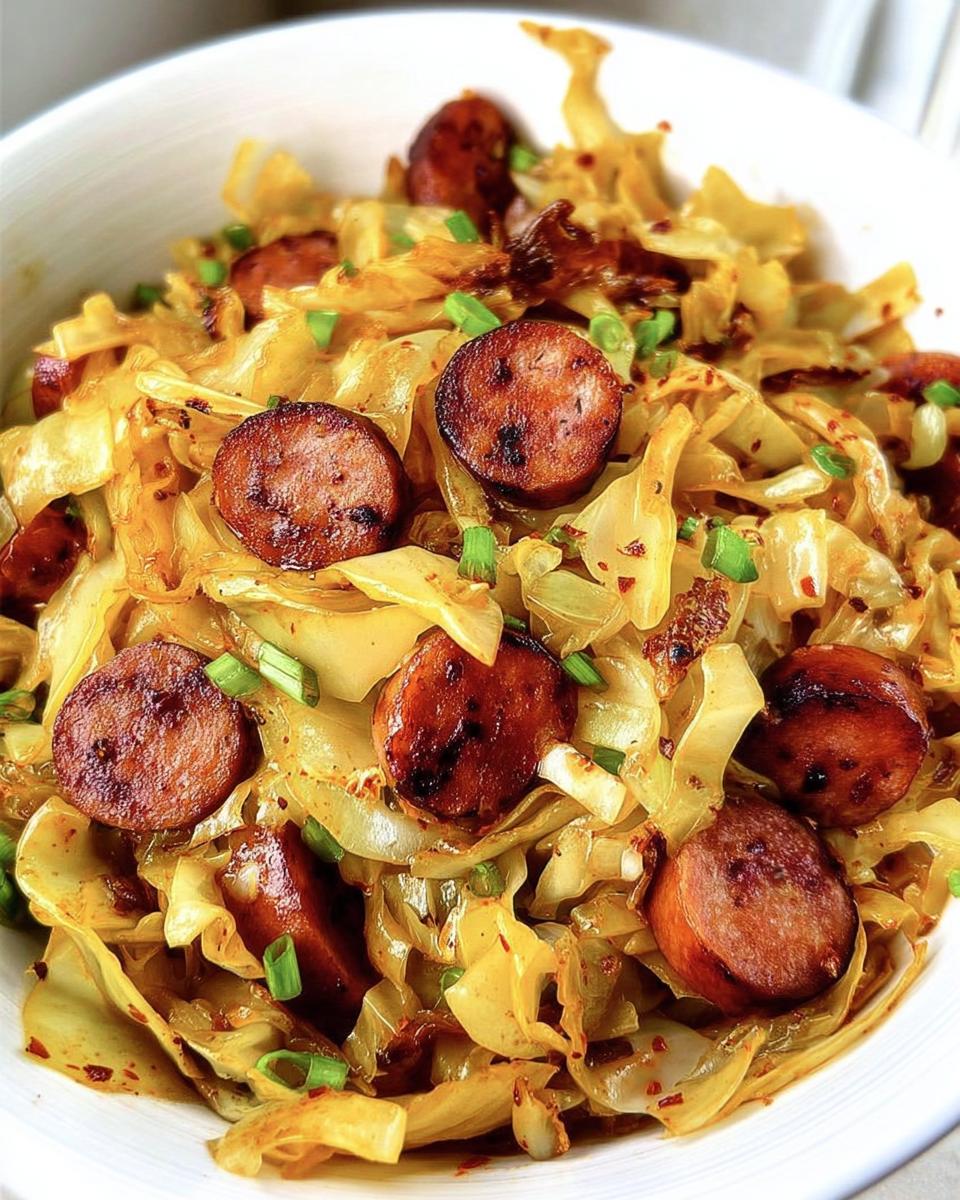 Close-up of delicious fried cabbage and sausage in a white bowl, garnished with green onions.