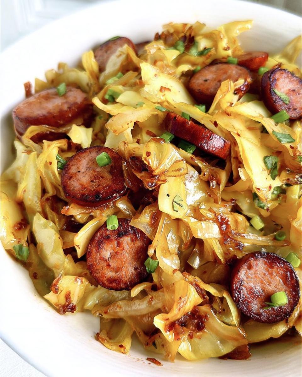 Close-up of a bowl filled with savory fried cabbage and sausage slices, garnished with green onions.