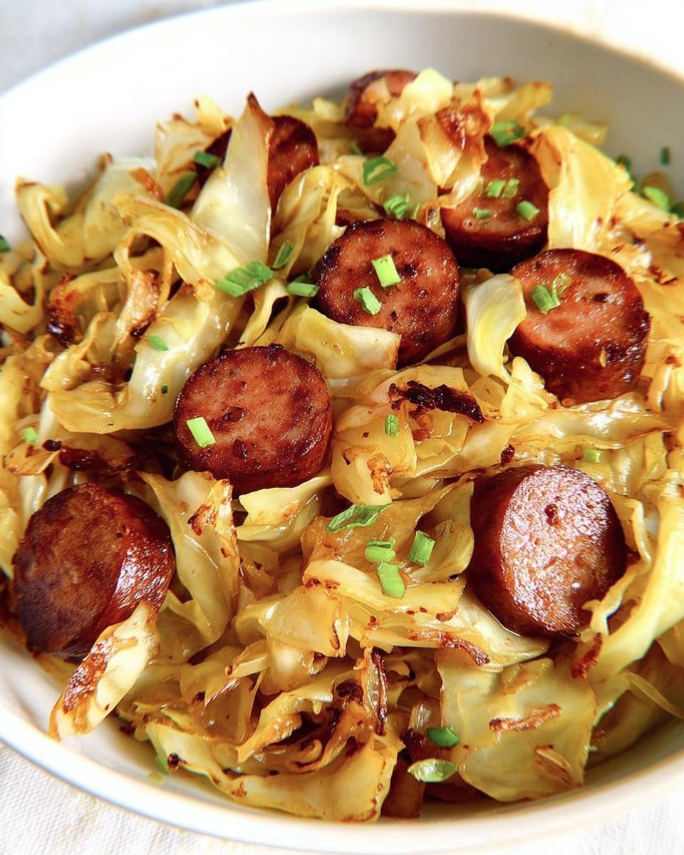 A close-up of a bowl filled with delicious fried cabbage and sausage, garnished with chopped green onions.