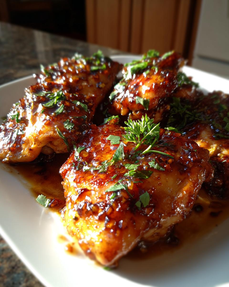Close-up of glistening Garlic Brown Sugar Chicken pieces, garnished with fresh parsley.