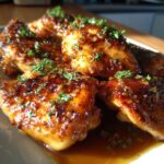 Close-up of glistening Garlic Brown Sugar Chicken pieces, garnished with fresh parsley.