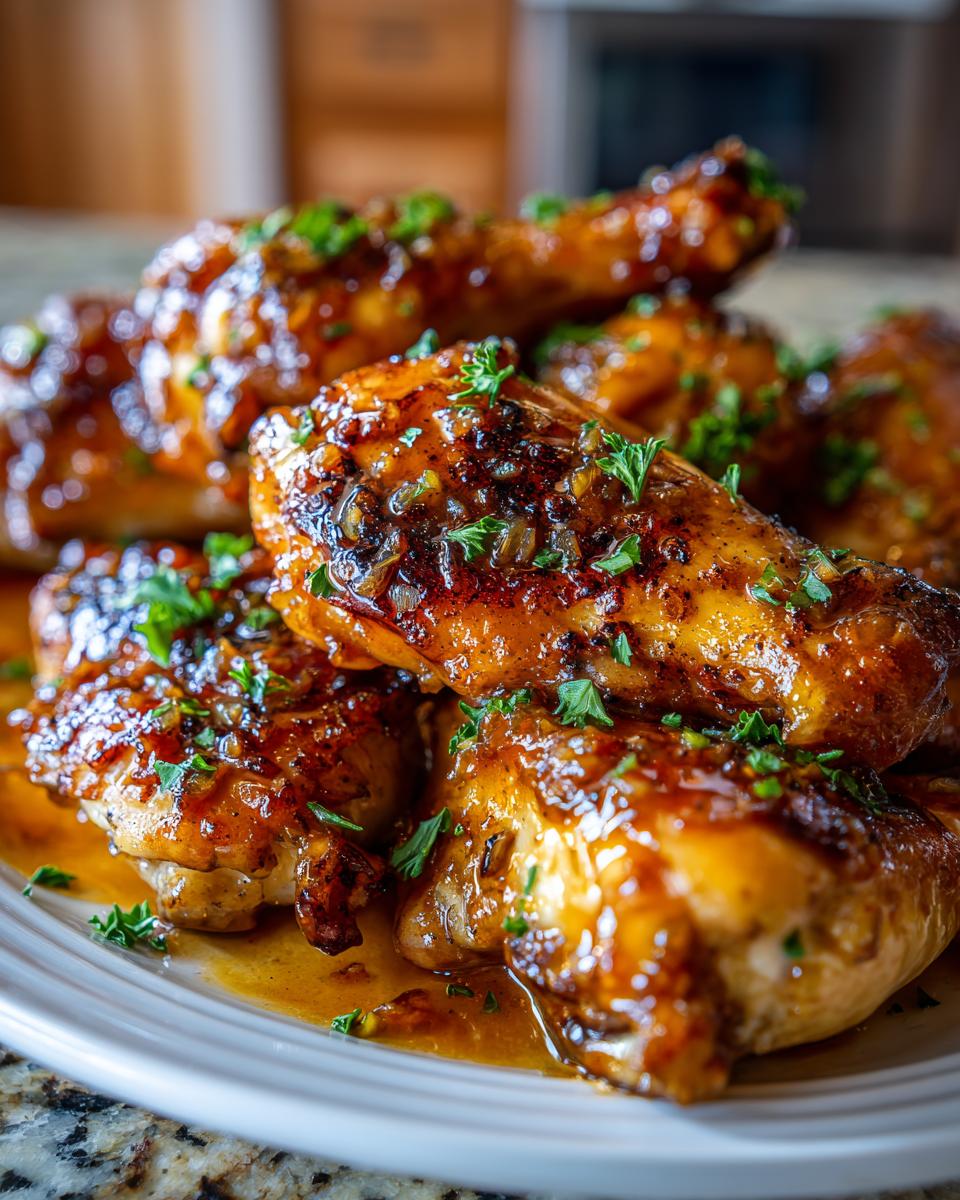 Close-up of glistening Garlic Brown Sugar Chicken pieces, garnished with fresh parsley, piled on a white plate.