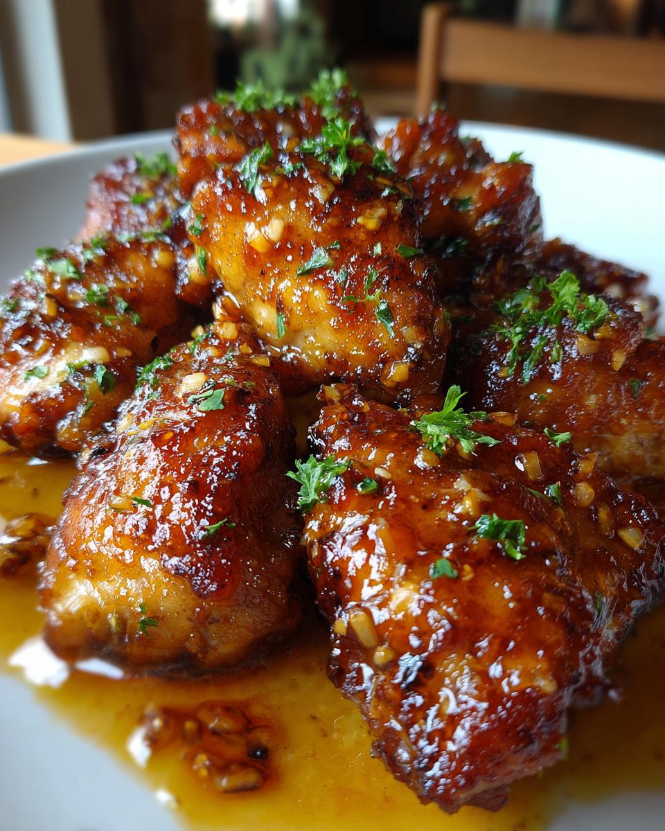 Close-up of glistening Garlic Brown Sugar Chicken wings, coated in a rich sauce with visible garlic pieces and fresh parsley.