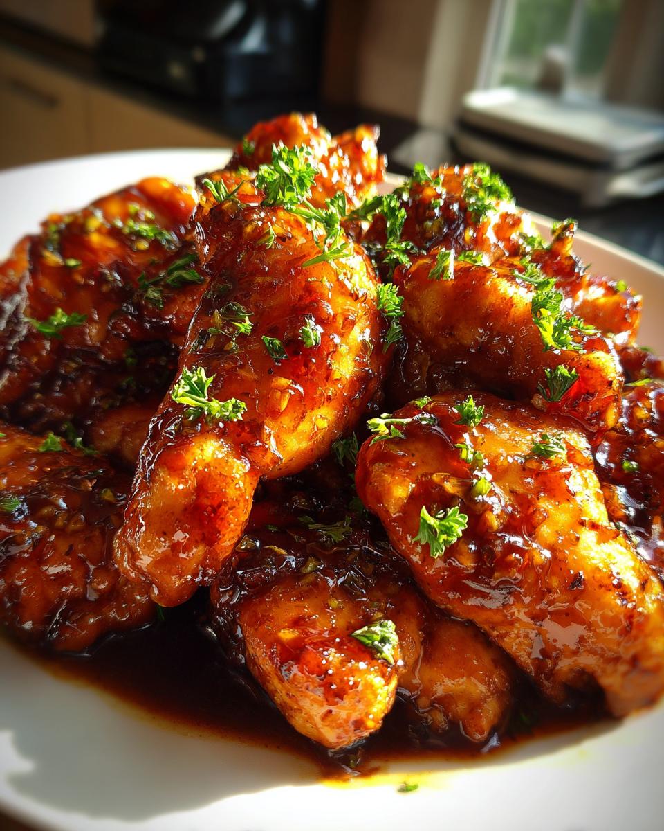 A close-up of glistening Garlic Brown Sugar Chicken wings, generously coated in a rich sauce and sprinkled with fresh parsley.