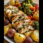 A close-up of sliced Garlic Butter Chicken and Veggies with roasted potatoes, broccoli, and carrots.