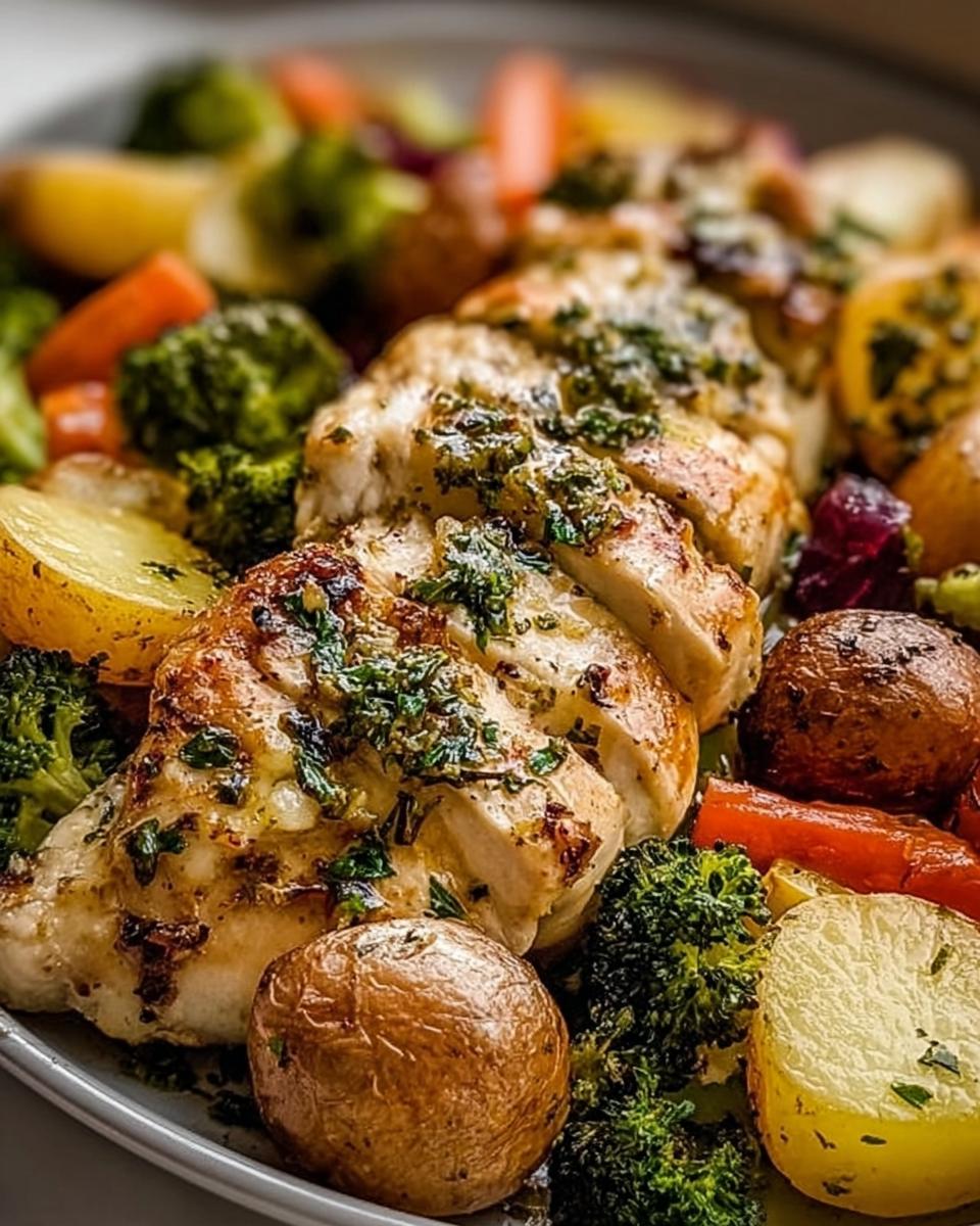 Close-up of sliced Garlic Butter Chicken and Veggies, featuring roasted chicken breast, potatoes, broccoli, and carrots.