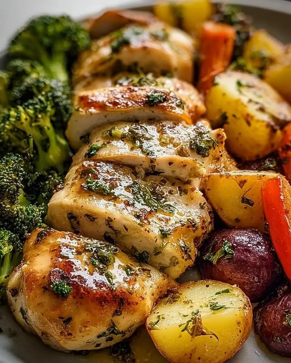 A close-up of sliced Garlic Butter Chicken and Veggies, featuring roasted potatoes, broccoli, and red peppers.