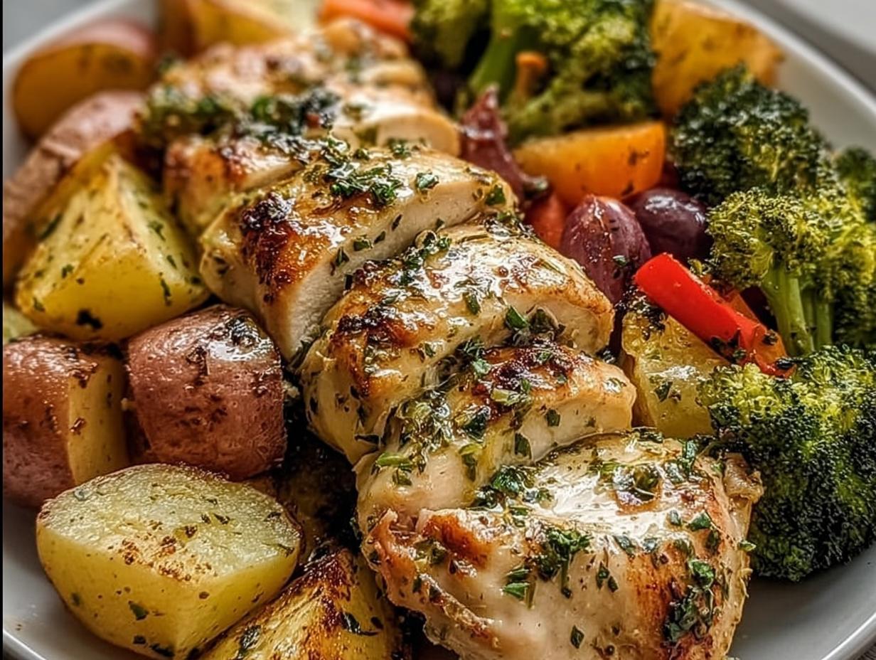 A close-up of sliced Garlic Butter Chicken and Veggies, featuring roasted potatoes, broccoli, and red peppers.