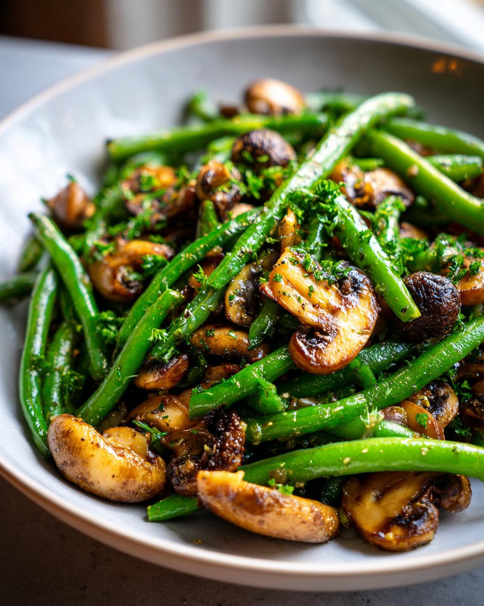 A close-up of Garlic Butter Green Beans and Mushrooms in a bowl, garnished with parsley.