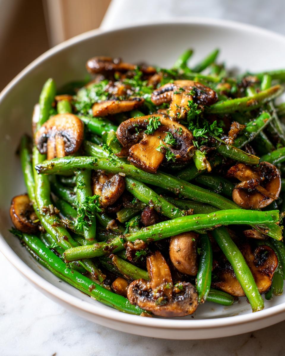 A close-up of Garlic Butter Green Beans and Mushrooms in a white bowl, garnished with parsley.
