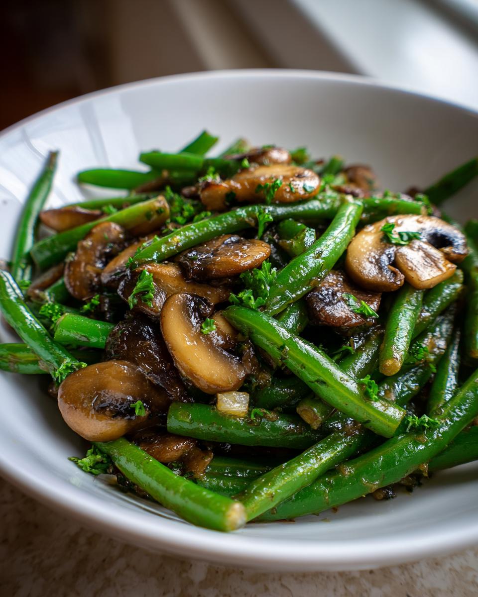 Close-up of a white bowl filled with vibrant Garlic Butter Green Beans and Mushrooms, garnished with fresh parsley.