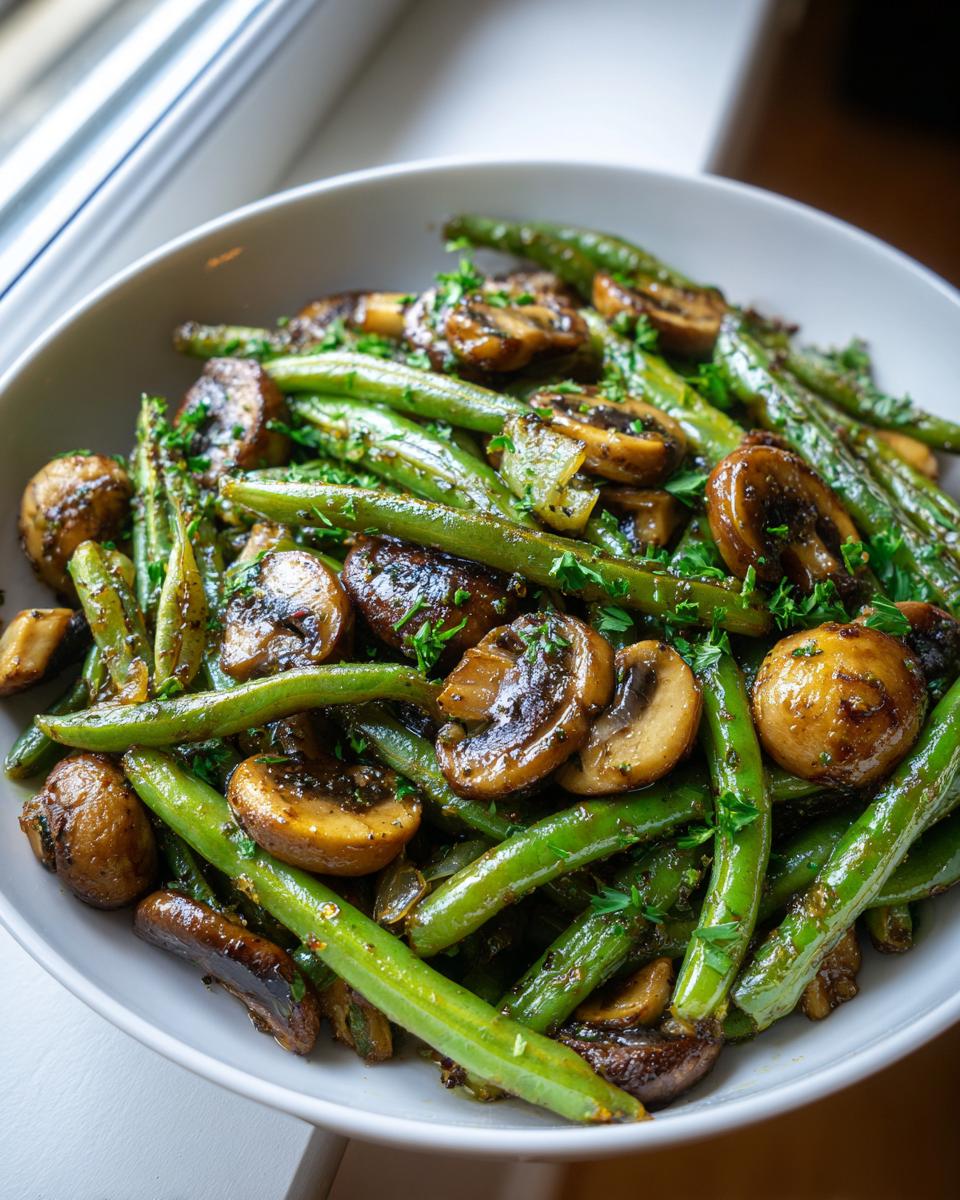 A close-up of a white bowl filled with Garlic Butter Green Beans and Mushrooms, garnished with parsley.