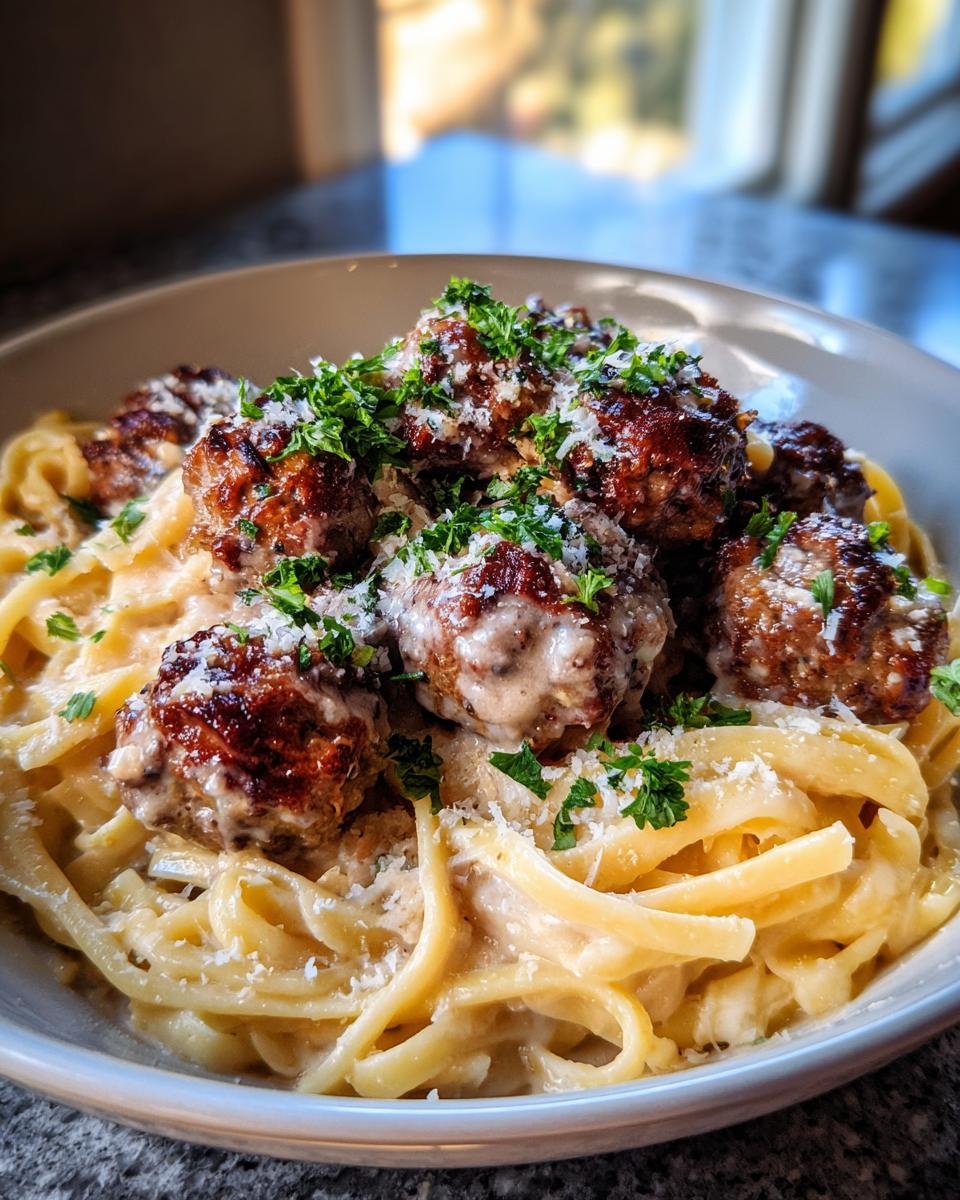 A bowl of Garlic Butter Meatballs with Parmesan Linguine, topped with fresh parsley and grated Parmesan cheese.