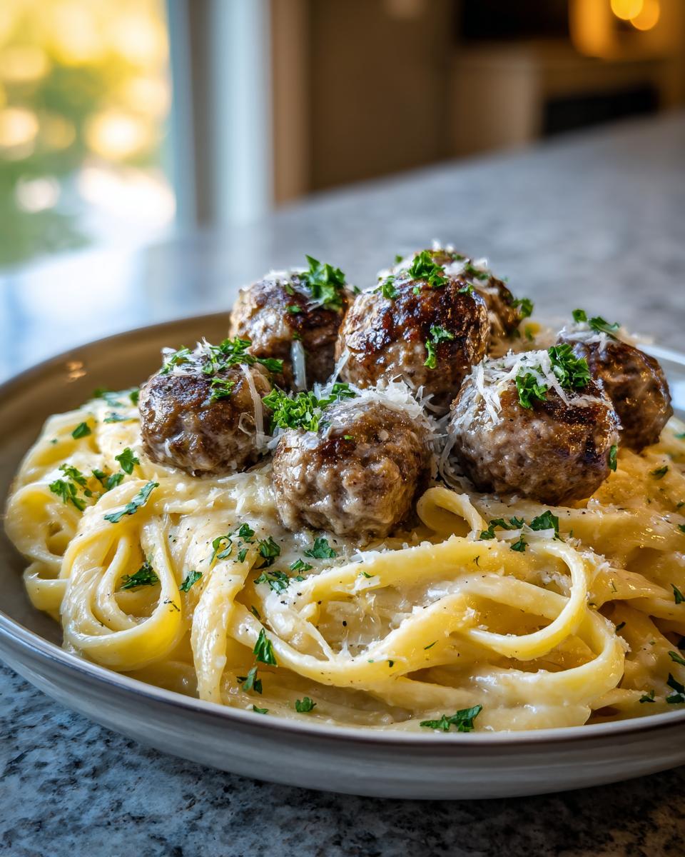 A close-up of Garlic Butter Meatballs with Parmesan Linguine, topped with fresh parsley and grated Parmesan cheese.