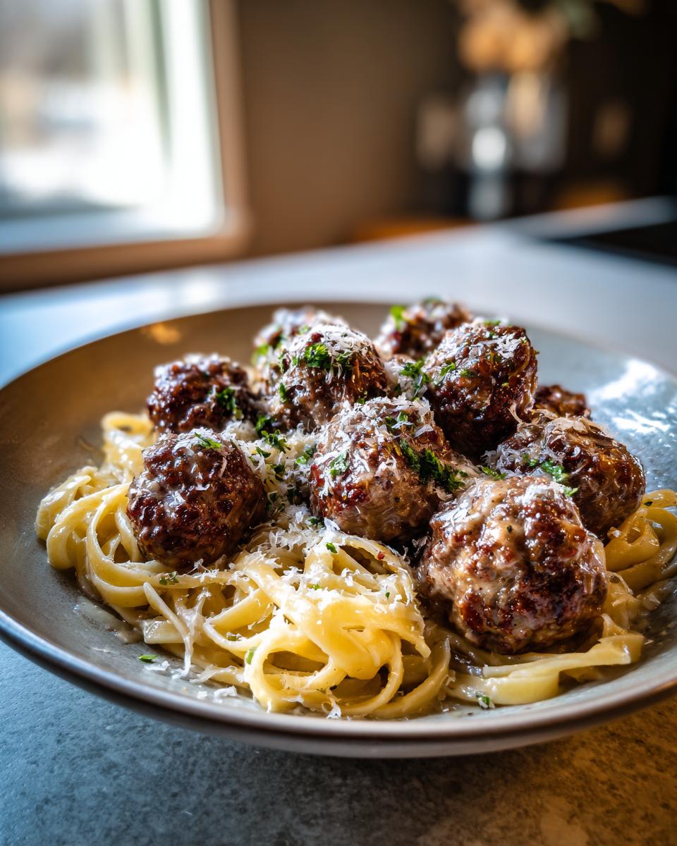 A close-up of Garlic Butter Meatballs with Parmesan Linguine, topped with fresh parsley and grated Parmesan cheese.