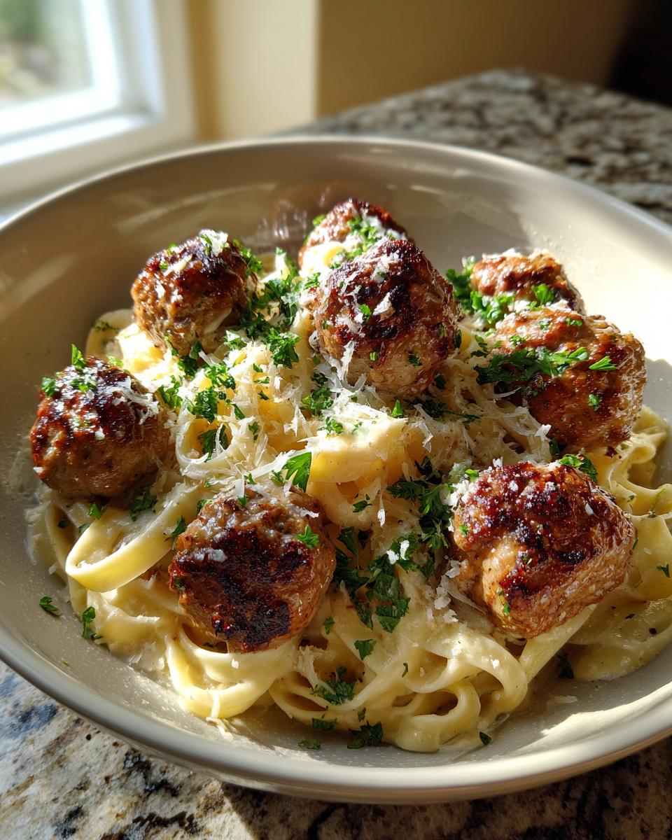 A bowl of Garlic Butter Meatballs with Parmesan Linguine, topped with fresh parsley and shredded Parmesan cheese.