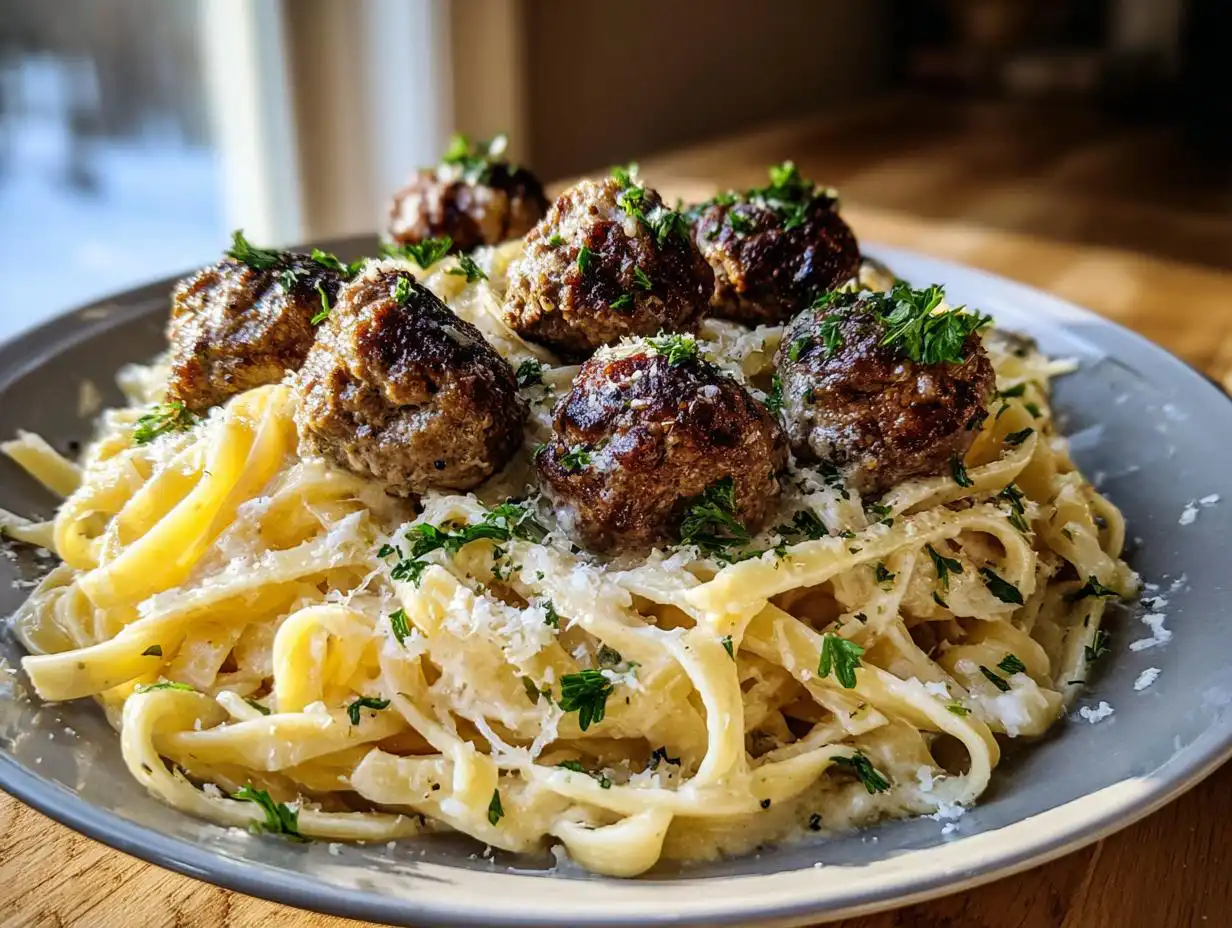 Amazing Garlic Butter Meatballs with Parmesan Linguine