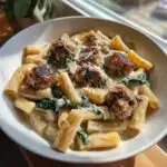 A bowl of Garlic Butter Sausage Bites Pasta with creamy sauce, spinach, and grated cheese.
