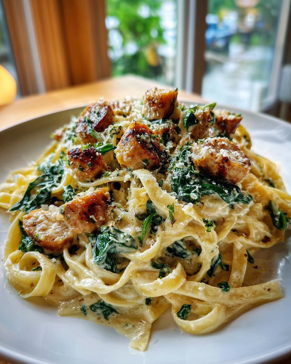 A close-up of Garlic Butter Sausage Bites Pasta with fettuccine, spinach, and sausage pieces, topped with Parmesan cheese.