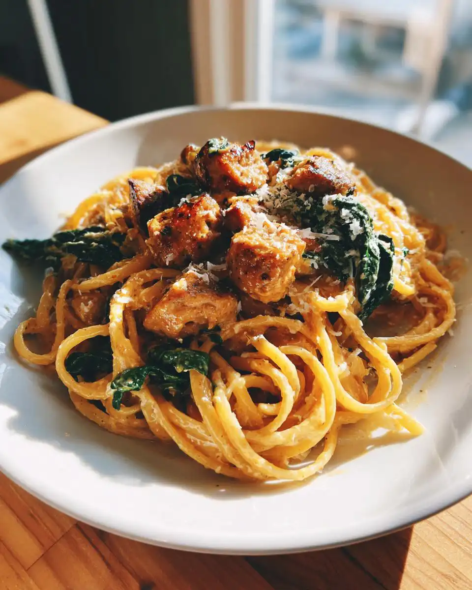 A close-up of Garlic Butter Sausage Bites Pasta, featuring spaghetti noodles coated in a creamy sauce, topped with sausage pieces and greens.