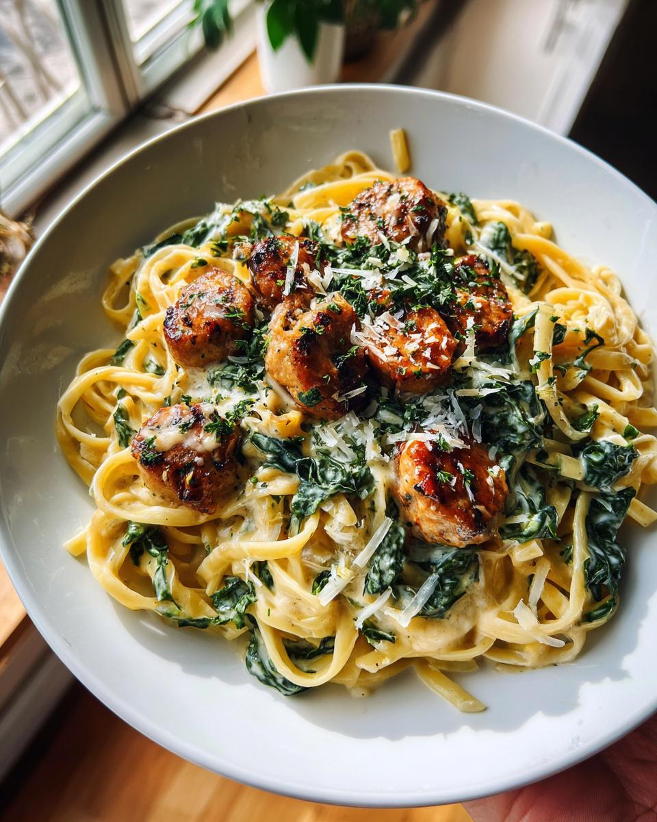 A bowl of Garlic Butter Sausage Bites Pasta with creamy sauce, spinach, and topped with grated cheese and parsley.