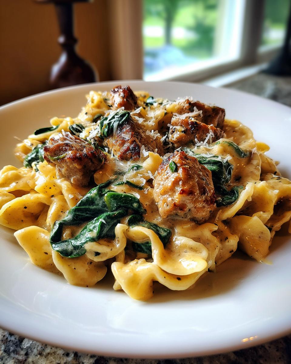 A close-up of Garlic Butter Sausage Bites Pasta with wilted spinach and grated Parmesan cheese.