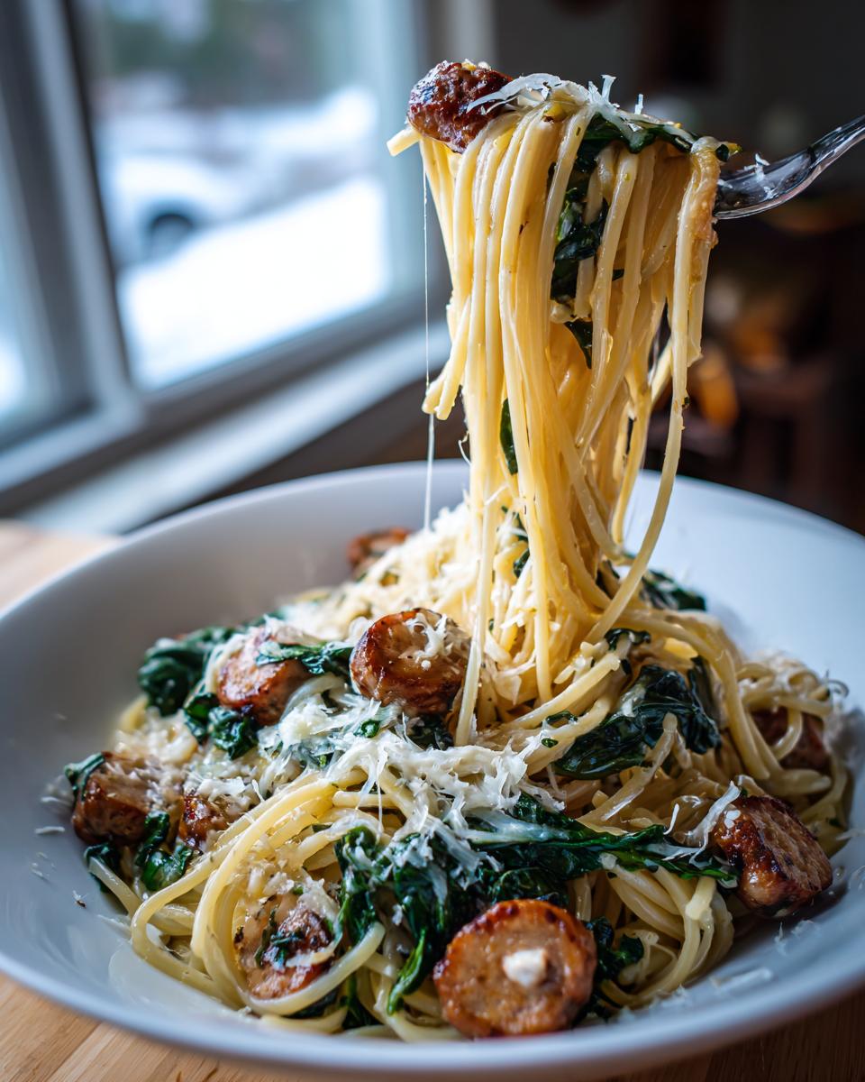 A fork lifts a generous portion of Garlic Butter Sausage Spaghetti, showing tender noodles, savory sausage slices, and wilted greens, topped with grated cheese.