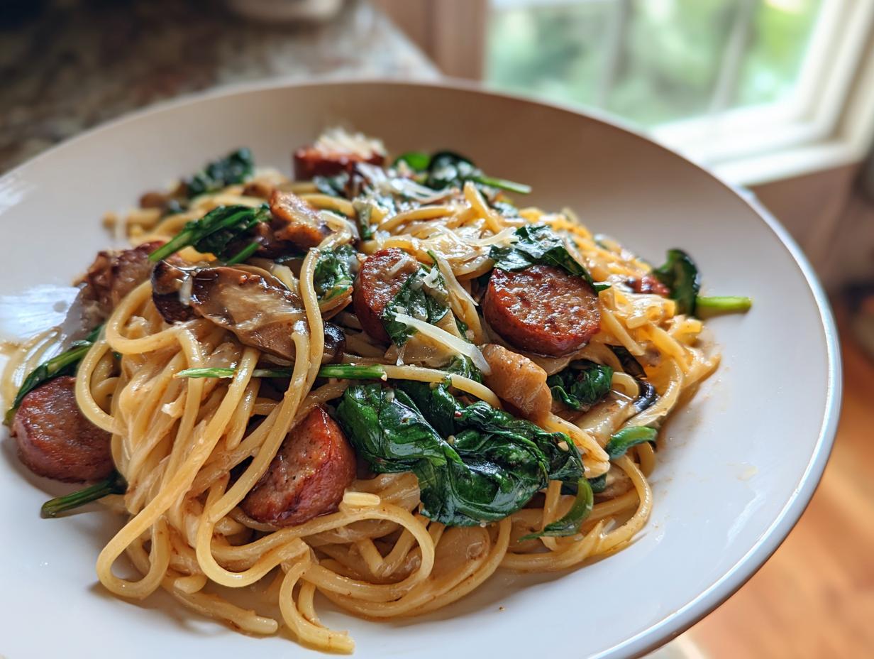 Amazing Garlic Butter Sausage Spaghetti in 25 Min