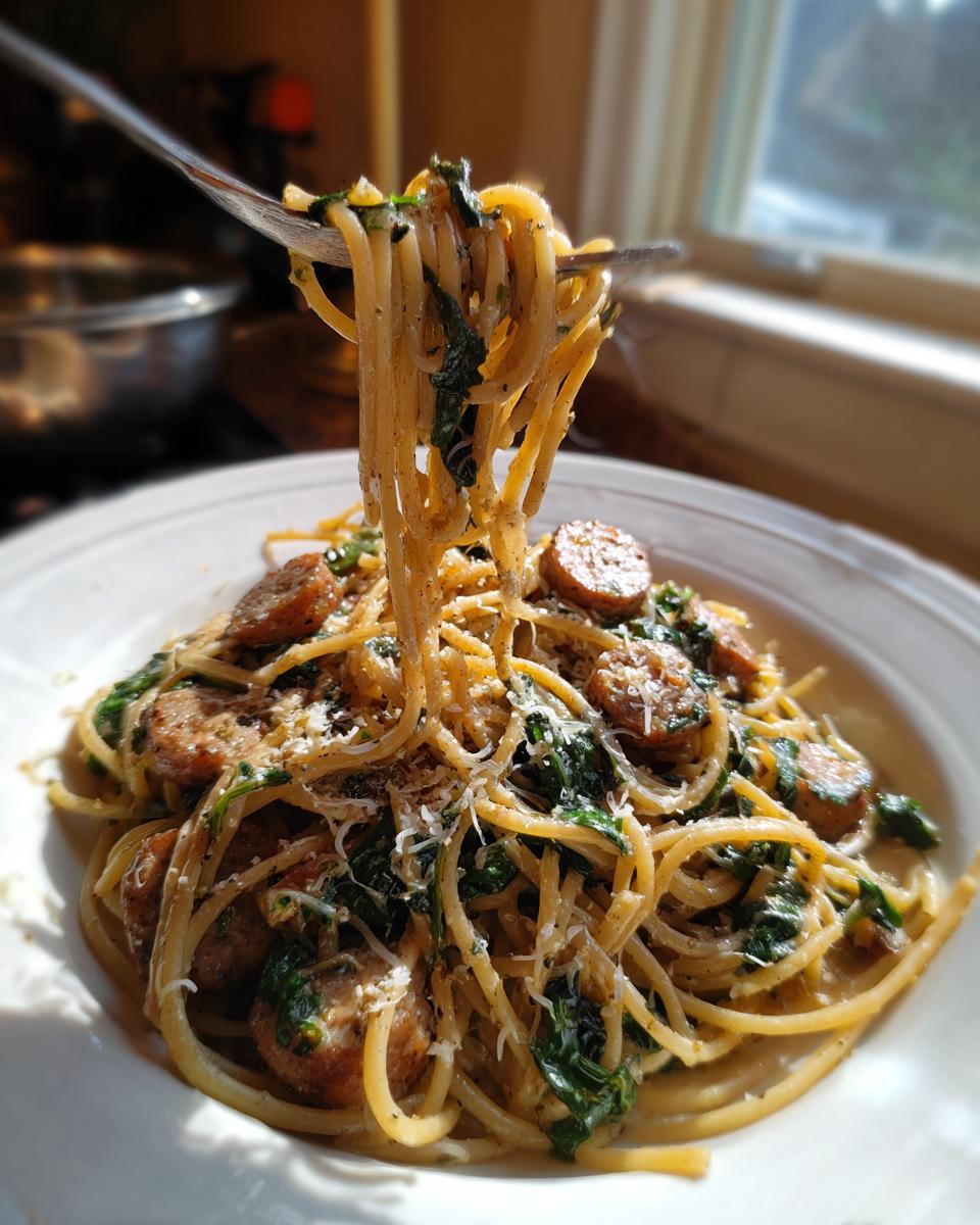 A fork lifting a swirl of Garlic Butter Sausage Spaghetti with spinach and grated cheese.