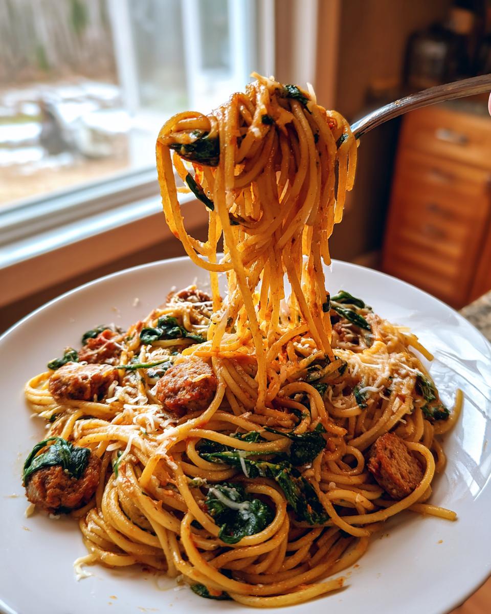A forkful of Garlic Butter Sausage Spaghetti with spinach and grated cheese, served on a white plate.