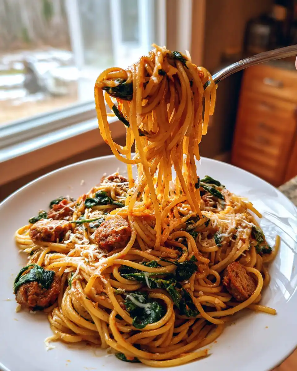 A forkful of Garlic Butter Sausage Spaghetti with spinach and grated cheese, served on a white plate.