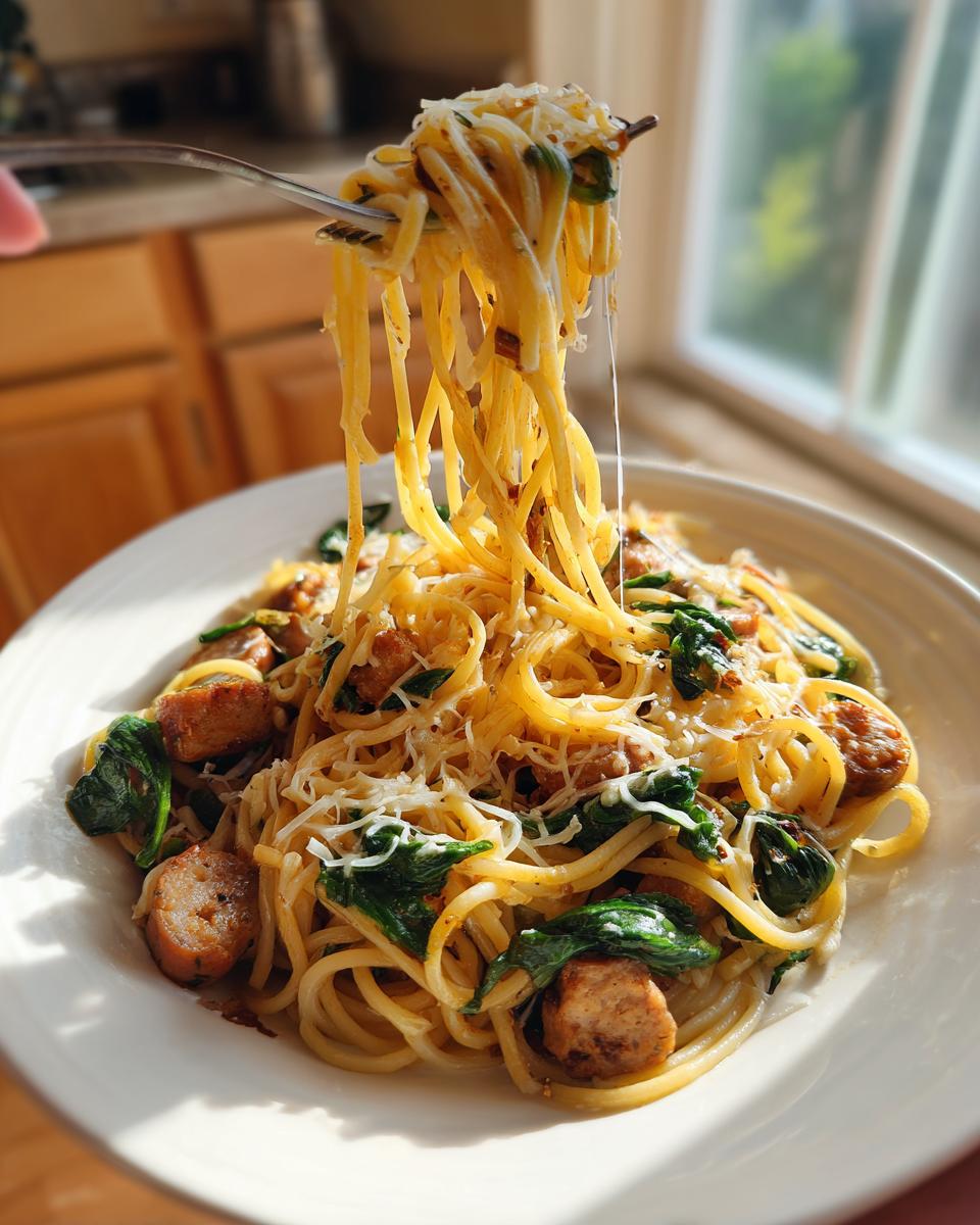A fork lifts a cheesy tangle of Garlic Butter Sausage Spaghetti with wilted spinach.