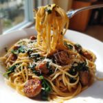 A fork twirling Garlic Butter Sausage Spaghetti with wilted spinach and grated Parmesan cheese.