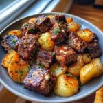 Close-up of Garlic Butter Steak Bites and Potatoes in a bowl, garnished with parsley.