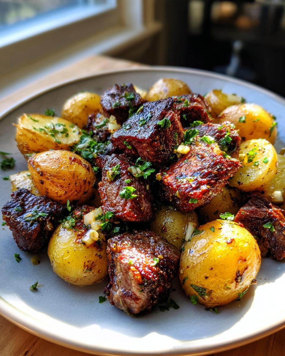 A close-up of Garlic Butter Steak Bites and Potatoes, garnished with fresh parsley and garlic.