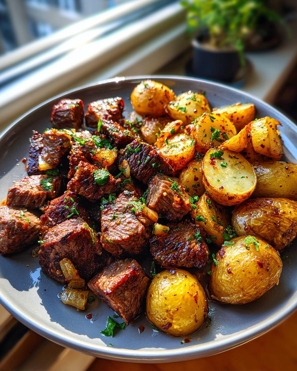 A close-up of a plate filled with Garlic Butter Steak Bites and Potatoes, garnished with fresh parsley.