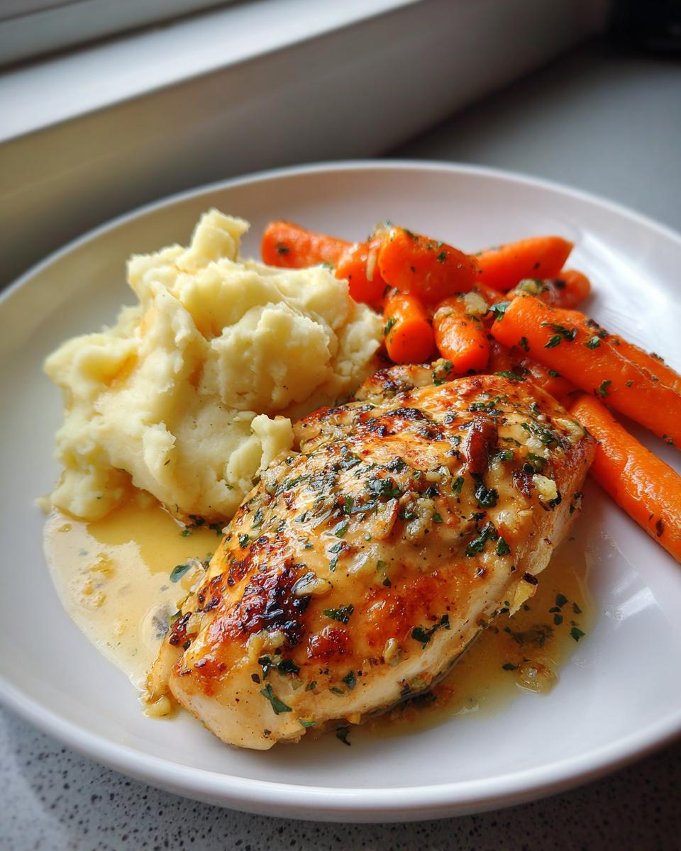A plate of Garlic Herb Chicken with Mashed Potatoes and glazed carrots, drizzled with sauce.