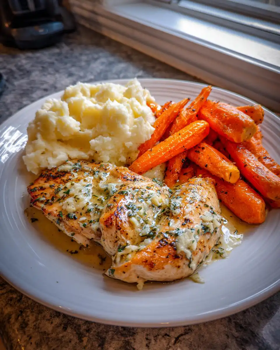 A plate of Garlic Herb Chicken with Mashed Potatoes and roasted carrots, drizzled with sauce.