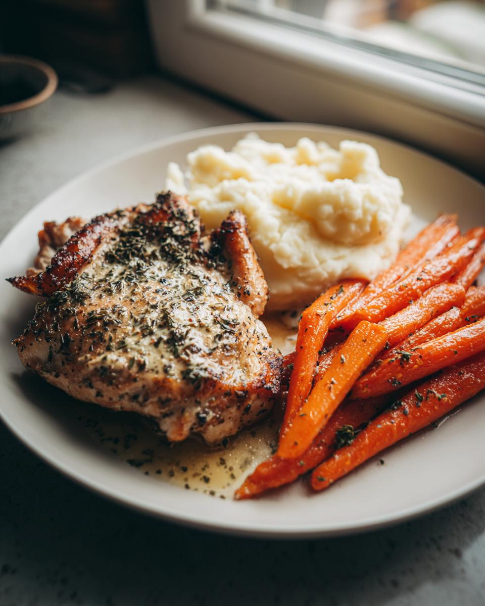 A plate of Garlic Herb Chicken with Mashed Potatoes and glazed carrots, seasoned with herbs.