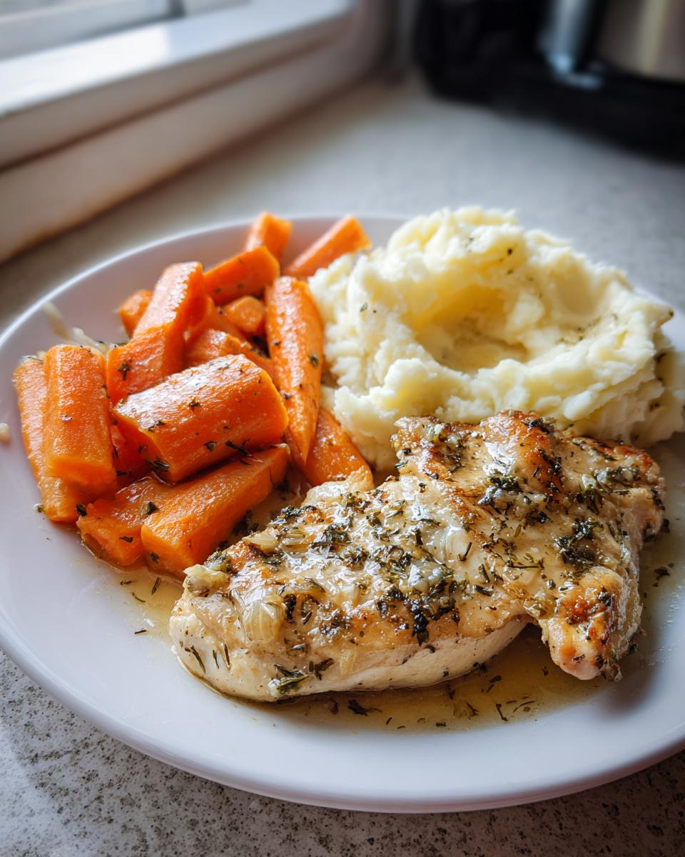 A plate of Garlic Herb Chicken with Mashed Potatoes and glazed carrots, seasoned with herbs and garlic.