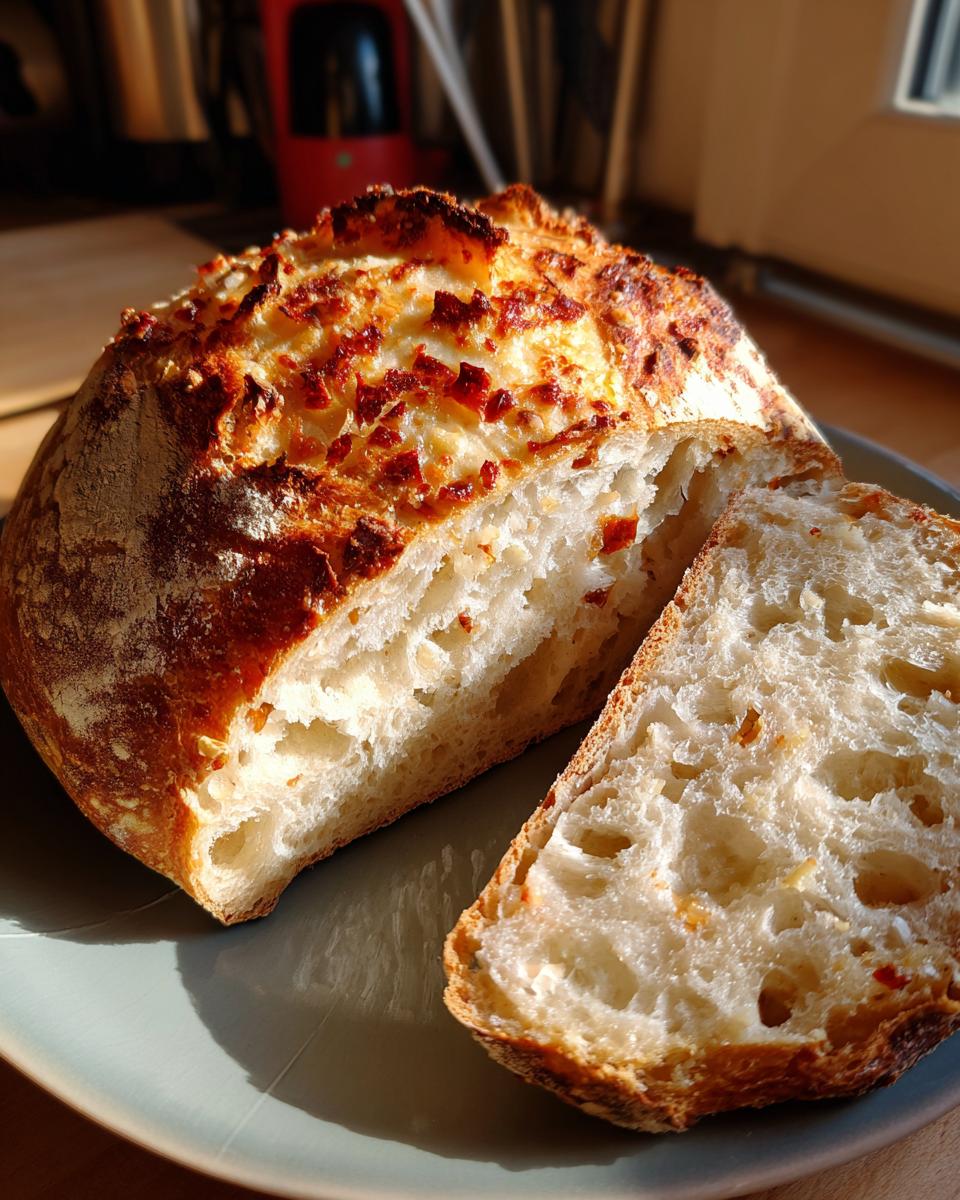 A loaf of golden-brown Garlic Parmesan Artisan Bread, partially sliced, revealing a soft, airy interior.