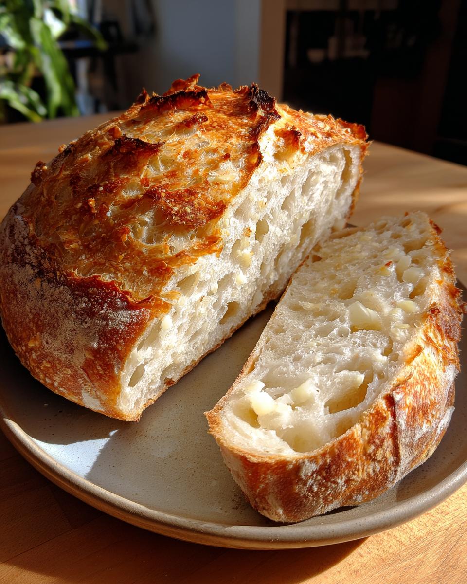 A slice of golden-brown Garlic Parmesan Artisan Bread with a fluffy interior and visible garlic pieces.