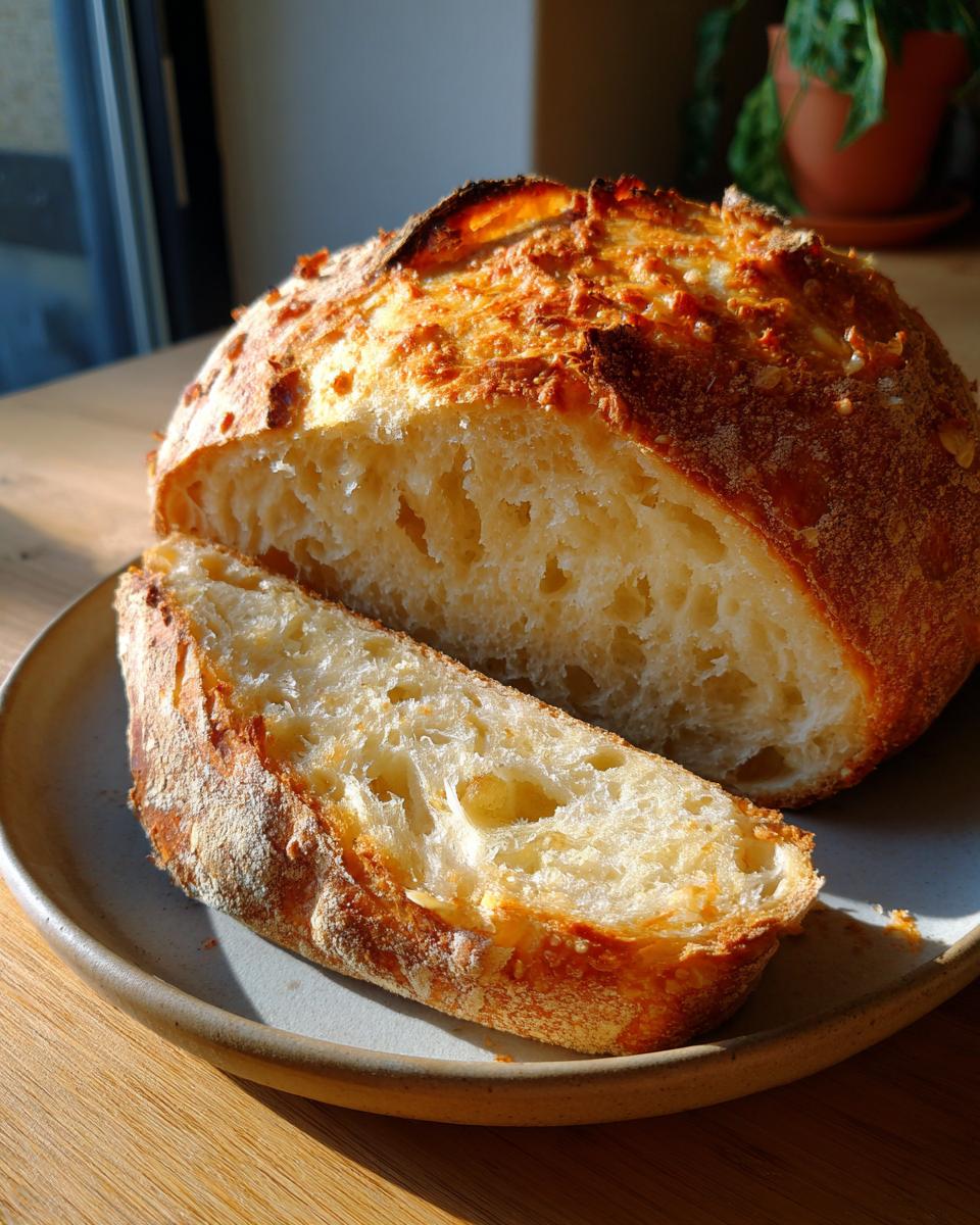 A slice of golden-brown Garlic Parmesan Artisan Bread with a fluffy interior on a plate.