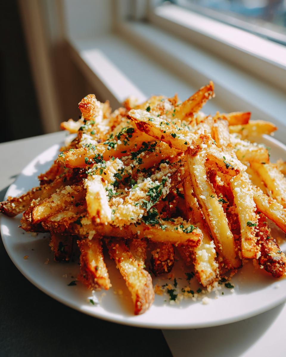 A close-up of a pile of golden brown Garlic Parmesan Fries, sprinkled with grated cheese and parsley.