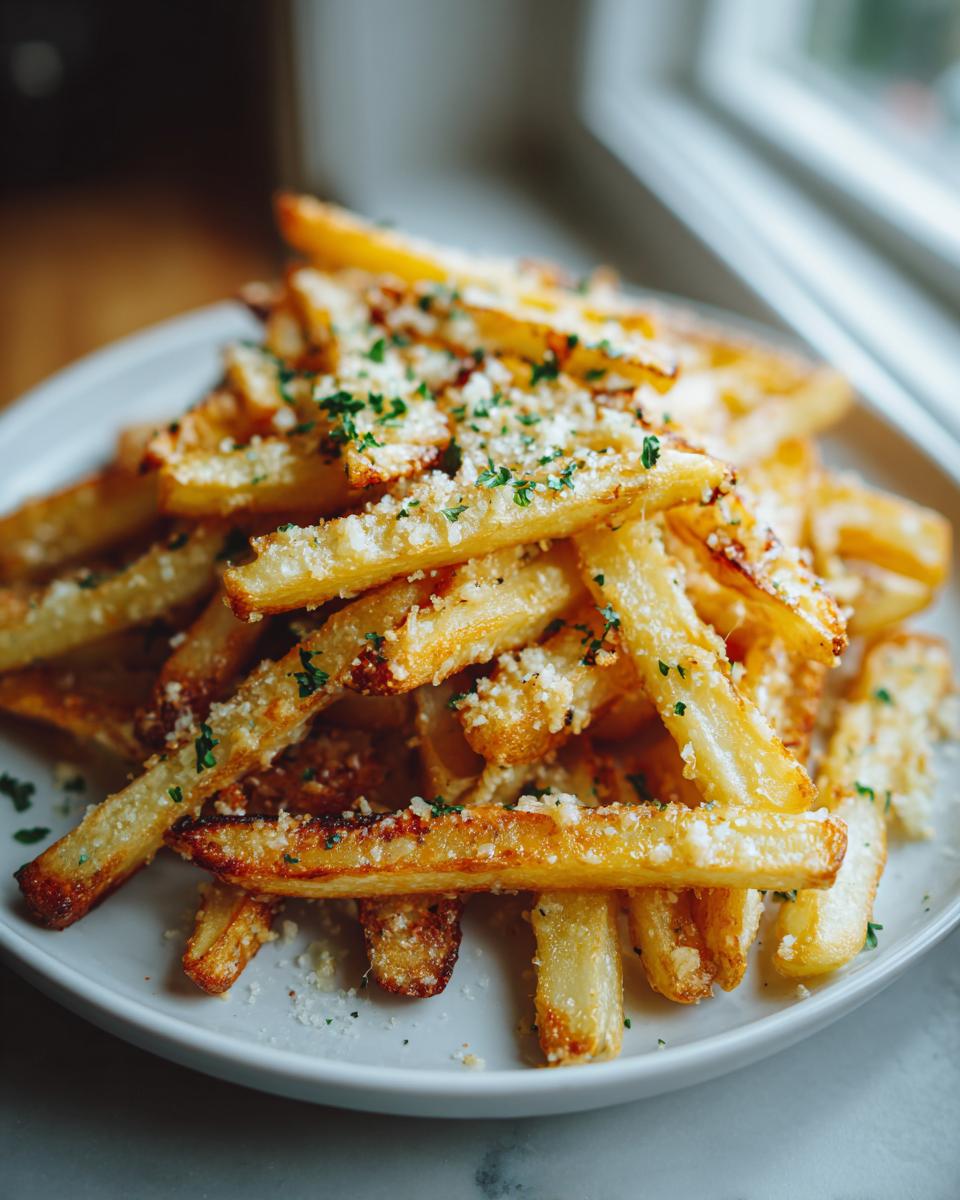 A pile of golden brown Garlic Parmesan Fries sprinkled with fresh parsley and grated cheese on a white plate.