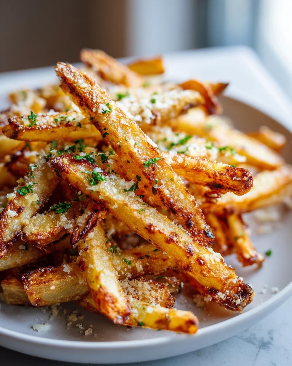 Close-up of a pile of crispy Garlic Parmesan Fries, sprinkled with grated cheese and parsley.