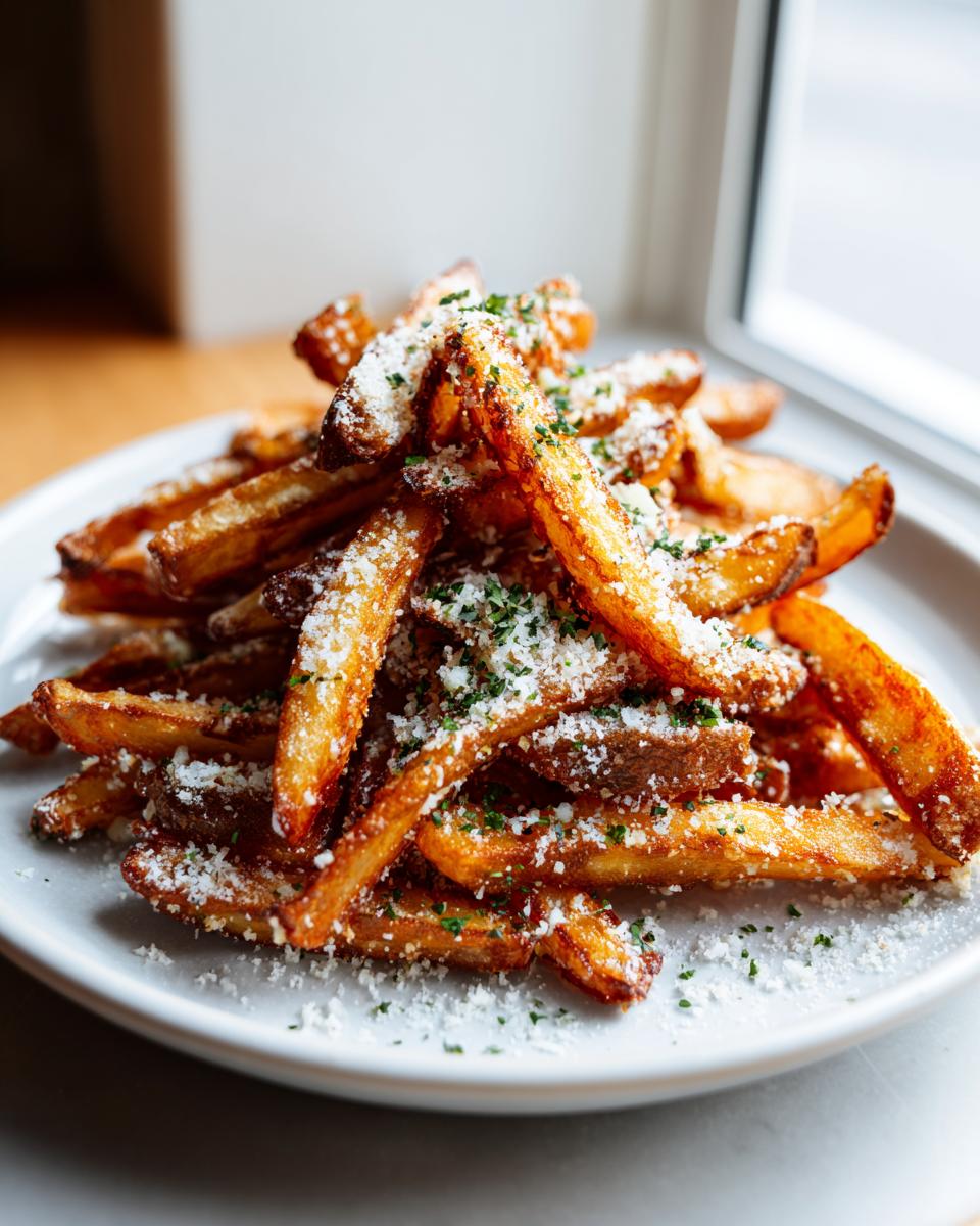 A close-up of a pile of crispy Garlic Parmesan Fries dusted with grated cheese and parsley on a white plate.