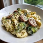 A close-up of Garlic Parmesan Tortellini with Sausage and broccoli florets in a creamy sauce, garnished with parsley.